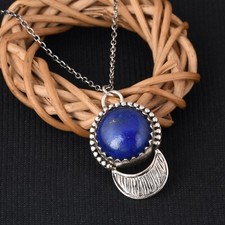 Crown Shape Lapis Lazuli With Crescent Moon 925 Silver Textured Pendent Necklace