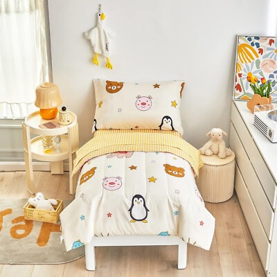 New Flysheep 4 Piece Colorful Beige Toddler  Happy Animals Printed Comforter Set