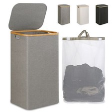 110L Laundry Hamper with Lid Large Collapsible Clothes Basket Grey Organizer