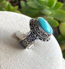 Sterling Silver 925 Turquoise Filigree Statement Ring Sz 8.75