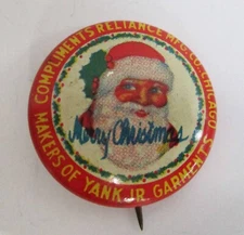 Vintage Tin Litho Santa Pinback Button Yank Jr Garments Reliance Mfg Co Workwear