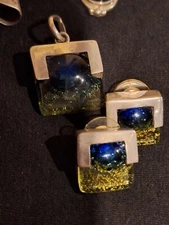 Sterling Silver and Blue Yellow Art Glass Earrings & Pendant Set