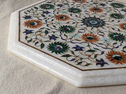 White Marble Coffee TableTop Semi Precious Stones Pietra Dura Inlay Handmade 13" - Picture 5 of 5