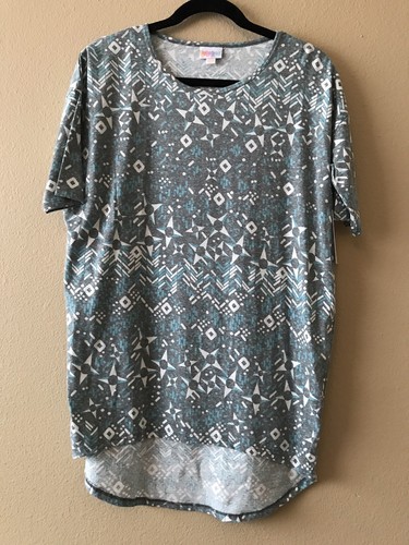 LULAROE Irma XXS Geometric X O Gray White Blue Heathered Cotton Rayon Blend NWT - 第 1/5 張圖片