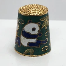 Vtg Cloisonne Enamel & Brass Thimble w/ Panda Bears & Bamboo