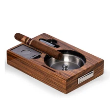 TOLEDO STAINLESS STEEL CIGAR ASHTRAY IN WOOD CASE WITH CUTTER AND PUNCH