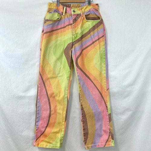 THE RAGGED PRIEST Rainbow Striped High Rise Wide Leg Denim Jeans Damen 28 Retro