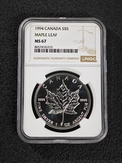 1994 Canada S$5 Maple Leaf NGC MS 67 Silver Coin UNC