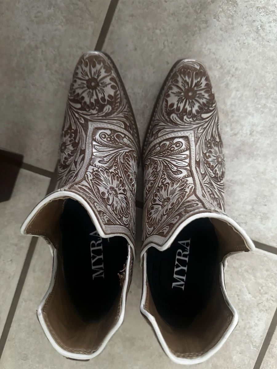 MYRA Handmade Womens Western Floral Embroidered Ankle Bootie Brown/White Slip On