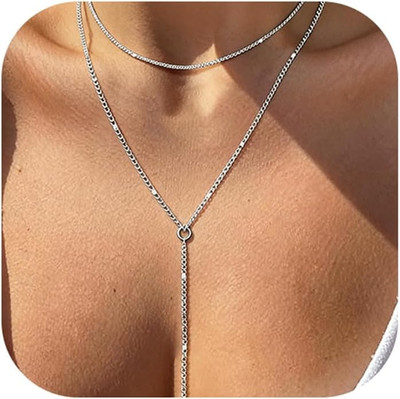 2PCS Long Lariat Necklace for Women, Gold Plated/Silver Y-Shaped Non-Tarnish Pen