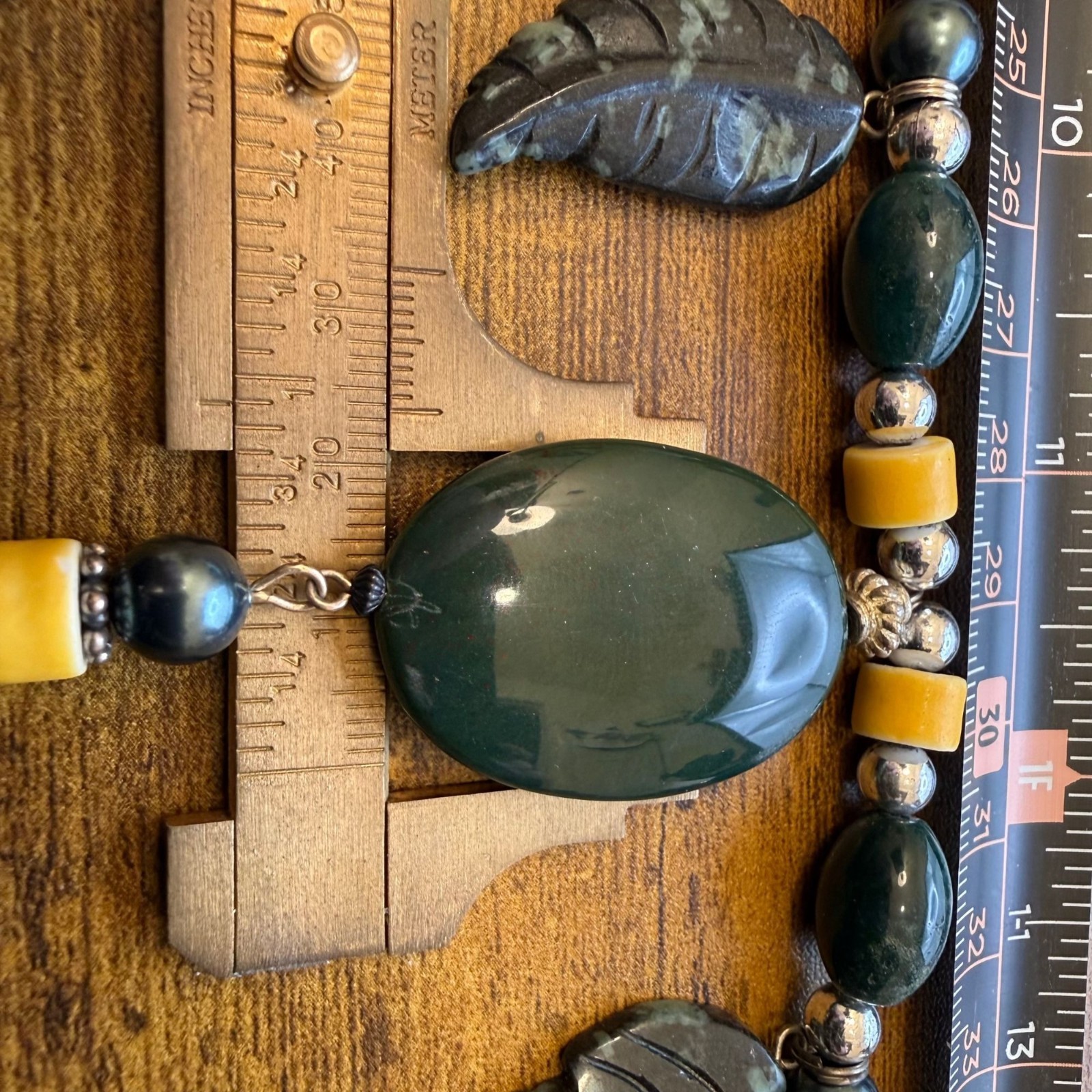 Statement Necklace Green Stone Leaf Carvings Yell… - image 13