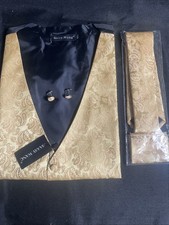 Barry Wang Gold Paisley Formal Suit Vest Waistcoat XXXL Cufflinks Tie JL