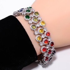 Multi Sapphire -Simulated, CZ 925 Sterling Silver Adjustable Bracelet 7-8" B334
