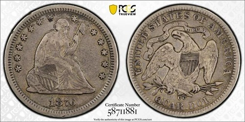 1876 CC Seated Liberty Quarter   PCGS VF 35  Choice Original Carson City Type