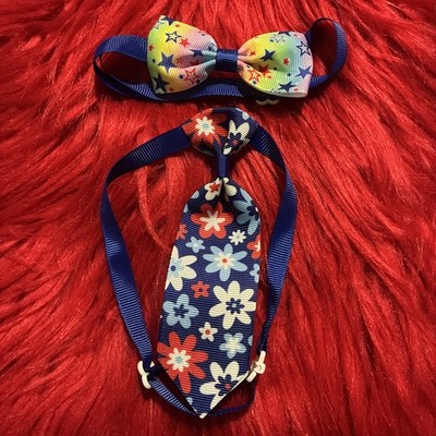 2 X Flower & Star Pattern, Cat Or Dog, Adjustable Bow & Tie Set. Homemade.