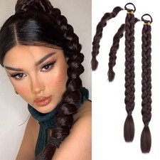 2 Packs Long Braided Ponytail Extensions with Hair Ties Natural 22 Inch Brown