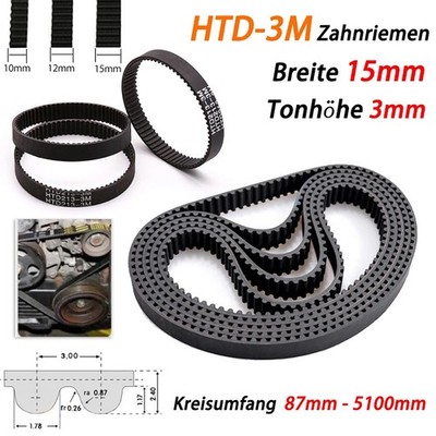 HTD 3M Gummi Zahnriemen 87-5100mm, 29-1400 Zähne, 15mm Breite für CNC,3D-Drucker