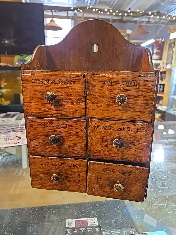 Antique Small Oak? Spice Cabinet Apothecary Box Country Store Primitive Cottage
