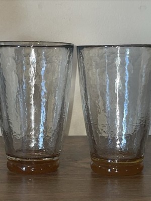Hammered Textured Highball Glasses W/yellow Orange Base 31/4x5-1/4 