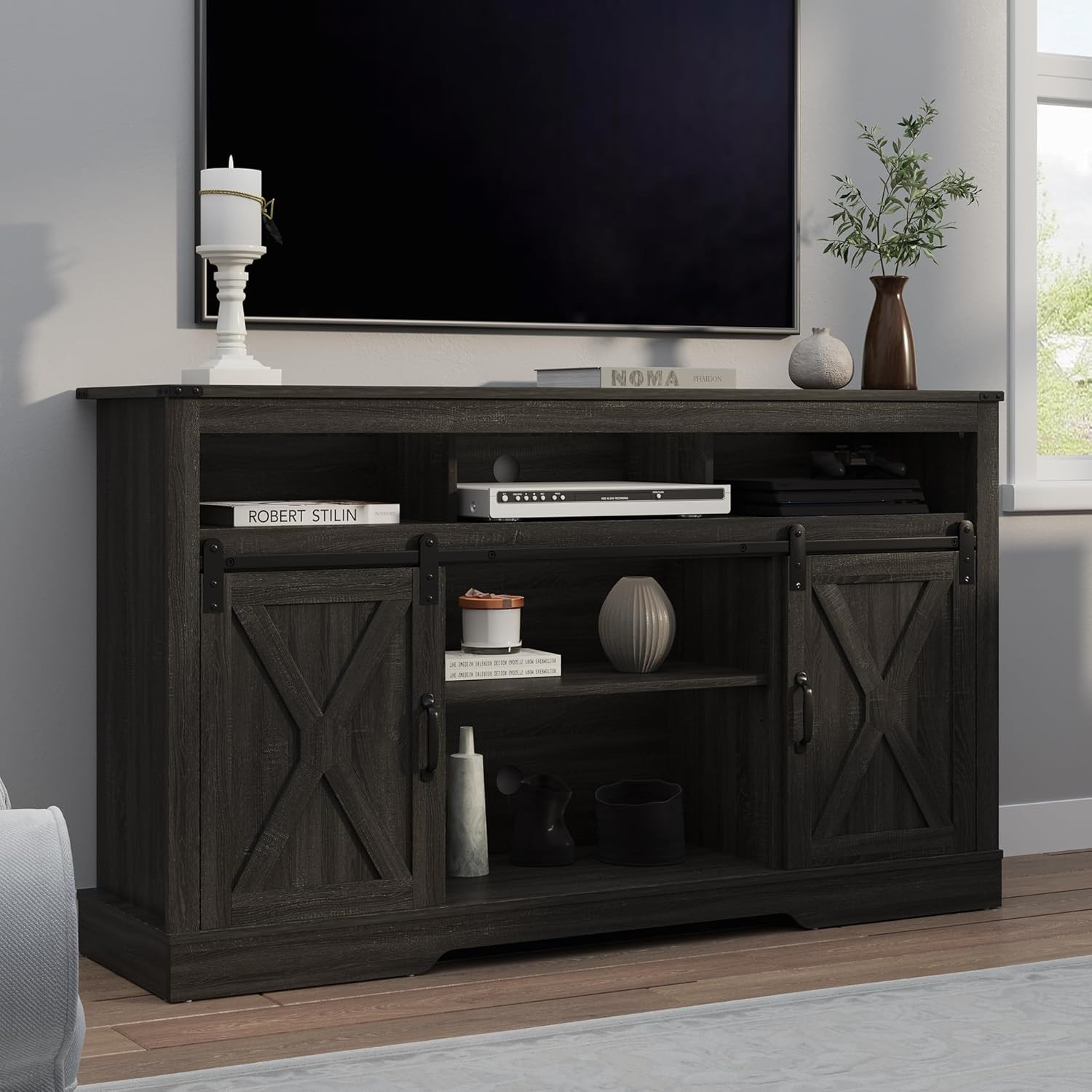 For 65" Tv With Fireplace And Sliding Door, Dark Grey