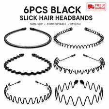6 St&uuml;ck Unisex Schwarz Metall Haar Stirnb&auml;nder Rutschfest Sport Welle Fr&uuml;hling Haarband UK