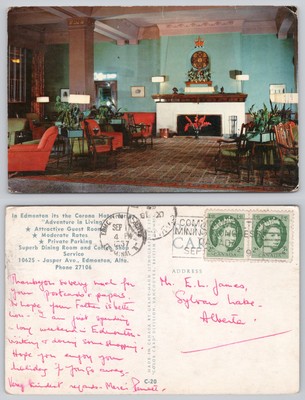 s25142 Corona Hotel Interior Edmonton Alberta Kanada Postkarte 1957 Stempel