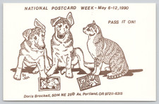 SIGNED National Postcard Week 1990 German Shepherd Dog Puppies & Cat Art