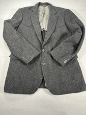 Vtg USA Made 46L Gray Herringbone Wool Tweed Mens Blazer Suit Jacket Sport Coat
