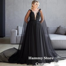 Wedding Dress Black Bridal Gown Cap Sleeve Scoop Neck Beads Applique Tulle ape