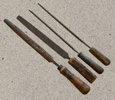 Lot of 4 Old Vintage Metal Files with Wooden Handles File Rasp Hand File