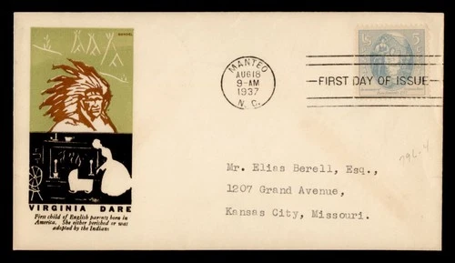 DR WHO 1937 FDC VIRGINIA DARE #796 GUNDEL INDIAN CACHET M69861