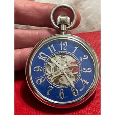 Majesti Skeleton Pocket Watch Blue Dial Mechanical Silver Tone Case