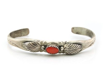Navajo Cuff Bracelet Sterling Silver Vintage Coral Handmade Native Artist