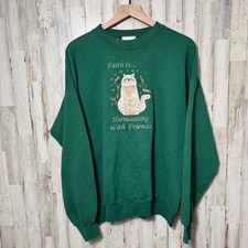 Vintage 90s Grandma Cottage Green Cat Bird Embroidered Crewneck Sweatshirt XL