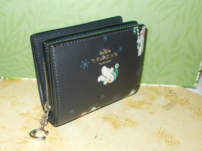 COACH Snowman Print Canvas Leather Zip Coin Purse Wallet ID Card Midnight Blue