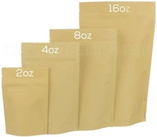 Kraft Stand-Up Barrier Pouches - Resealable Bags - Retail Packaging 2oz 4oz 8oz