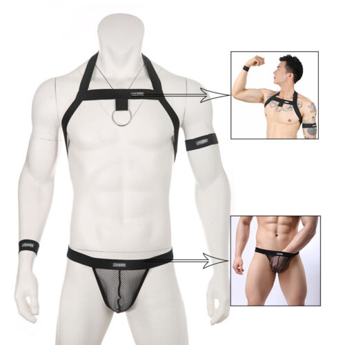 Men Harness Muscle Chest Strap + Arm band + Wrist band + Mesh Jockstrap Thongs - Picture 1 of 10