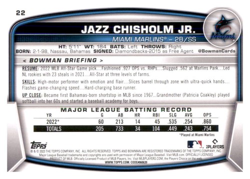 2023 Bowman Jazz Chisholm Jr Base Card MLB PWE Set Break Marlins #22 - Picture 2 of 2