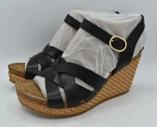 Sofft Womens Size 9 Carlana Black Leather Wedge Sandals Shoes