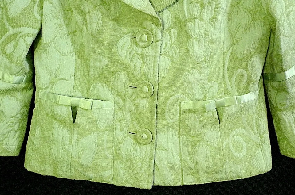 Blazer Corto Arden B Verde Claro Tonal Floral Estampado Jacquard 3 Botones Talla 6 Foto 3 de 4