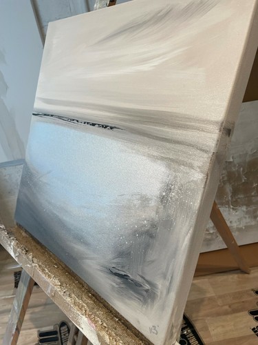 SALE! Stunning original abstract seascape canvas painting in silver & greys! - Picture 3 of 5