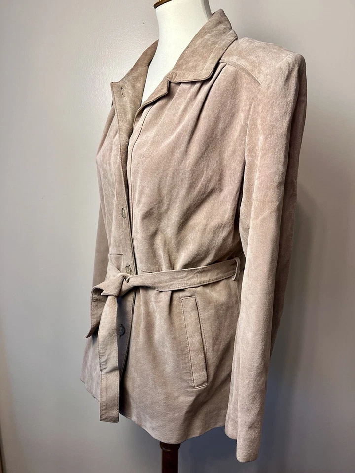 Jaqueta de couro vintage ORVIS feminina camurça média botão completo frontal com cinto - Imagem 4 de 4