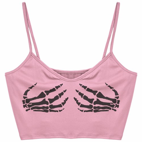 Women's One Piece Tops Sleeveless Human Skeleton Skull Hand Printed Crop Top - Picture 15 of 81