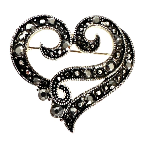 Vintage Heart Shape Brooch Pin Marcasite Stones Silver Tone Love Costume Jewelry