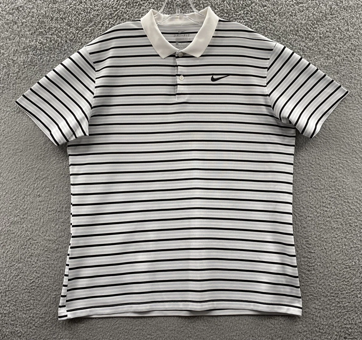 Nike Polo Shirt Adult Large White Black Blue Striped Golf Tennis Dri Fit Mens