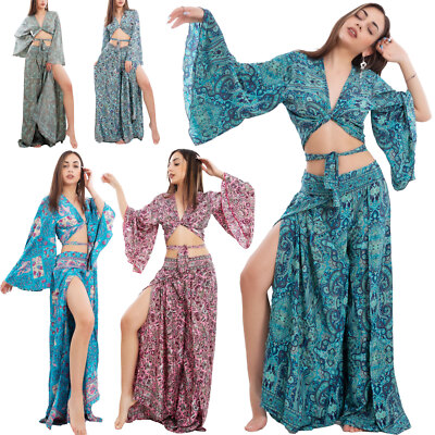 Completo donna crop top pantaloni spacco etnico Ibiza boho chic