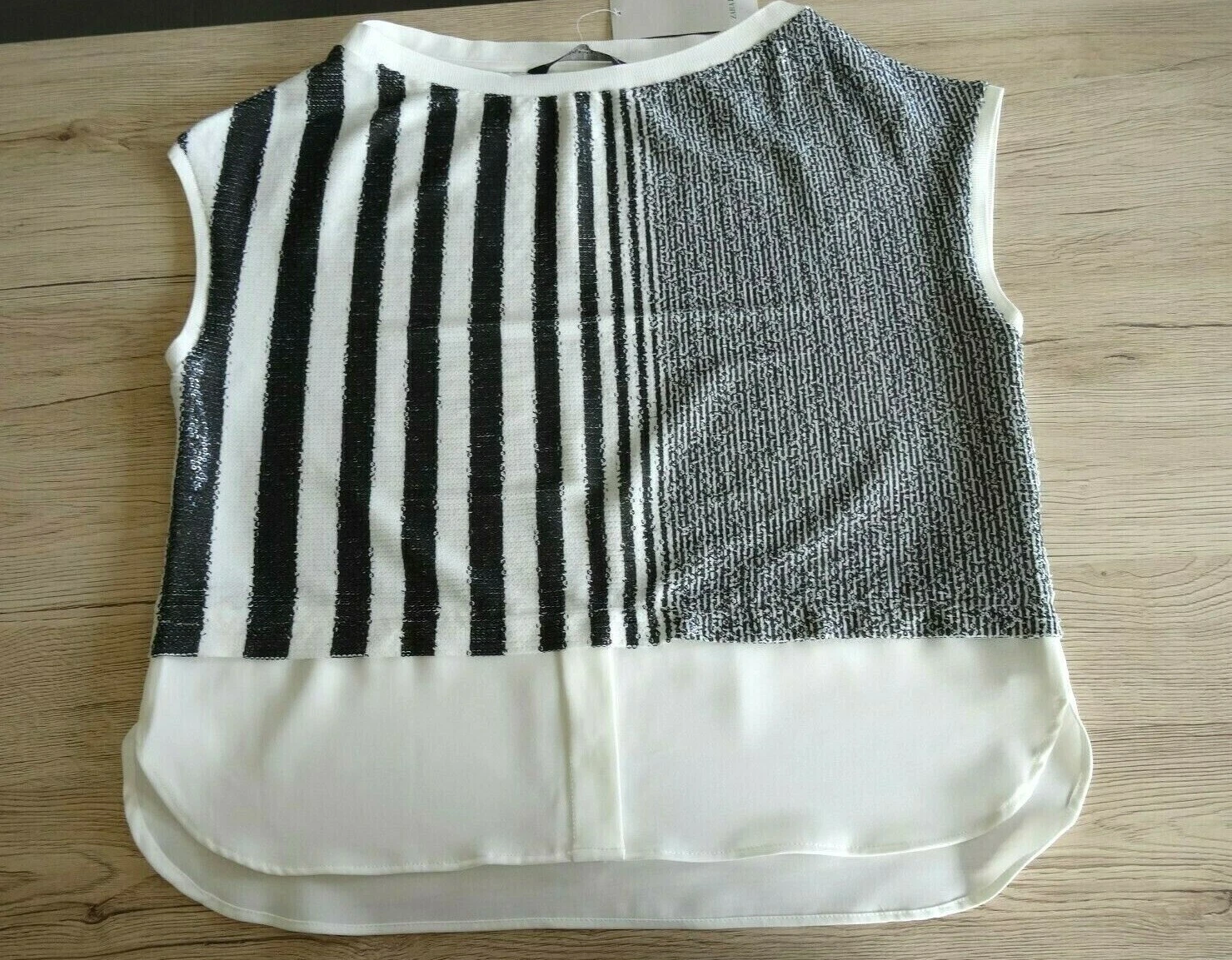 ZARA ECRU & BLACK STRIPED BOAT NECK TOP WITH CONTRASTING SEQUINS SIZE M