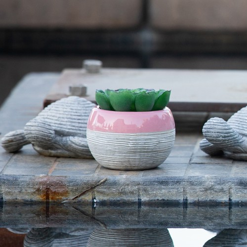 Flora Bunda Artificial Succulent in Two tone lines pattern ceramic pot ,Teal - Picture 7 of 11