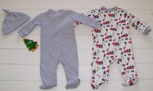 Chick Pea 3 Pc Quilted Farm Truck Christmas Gray Thermal Footed Sleeper Hat 6-9M - Picture 5 of 5