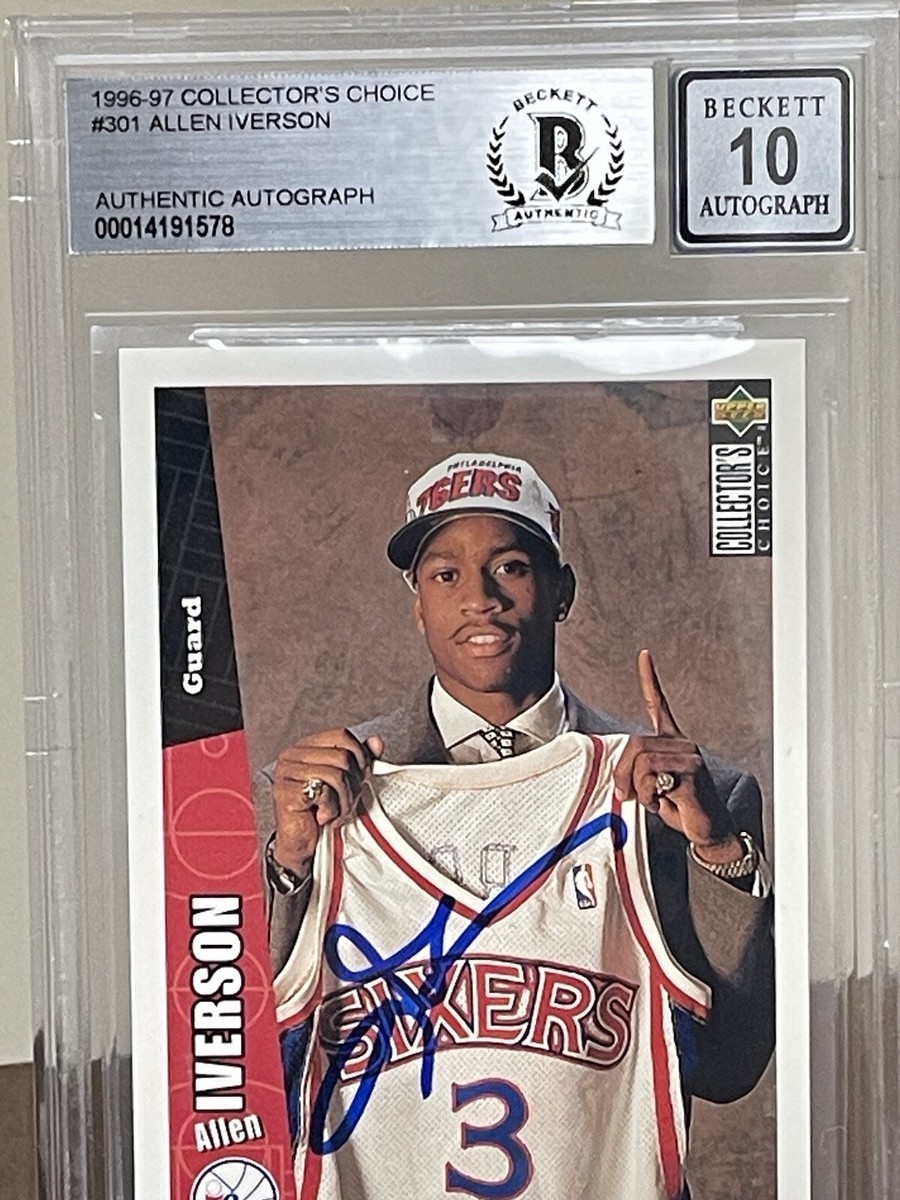 1996-97 Collector’s Choice #301 Allen Iverson Signed Rookie Card RC BAS  Auto 10 - Main Image